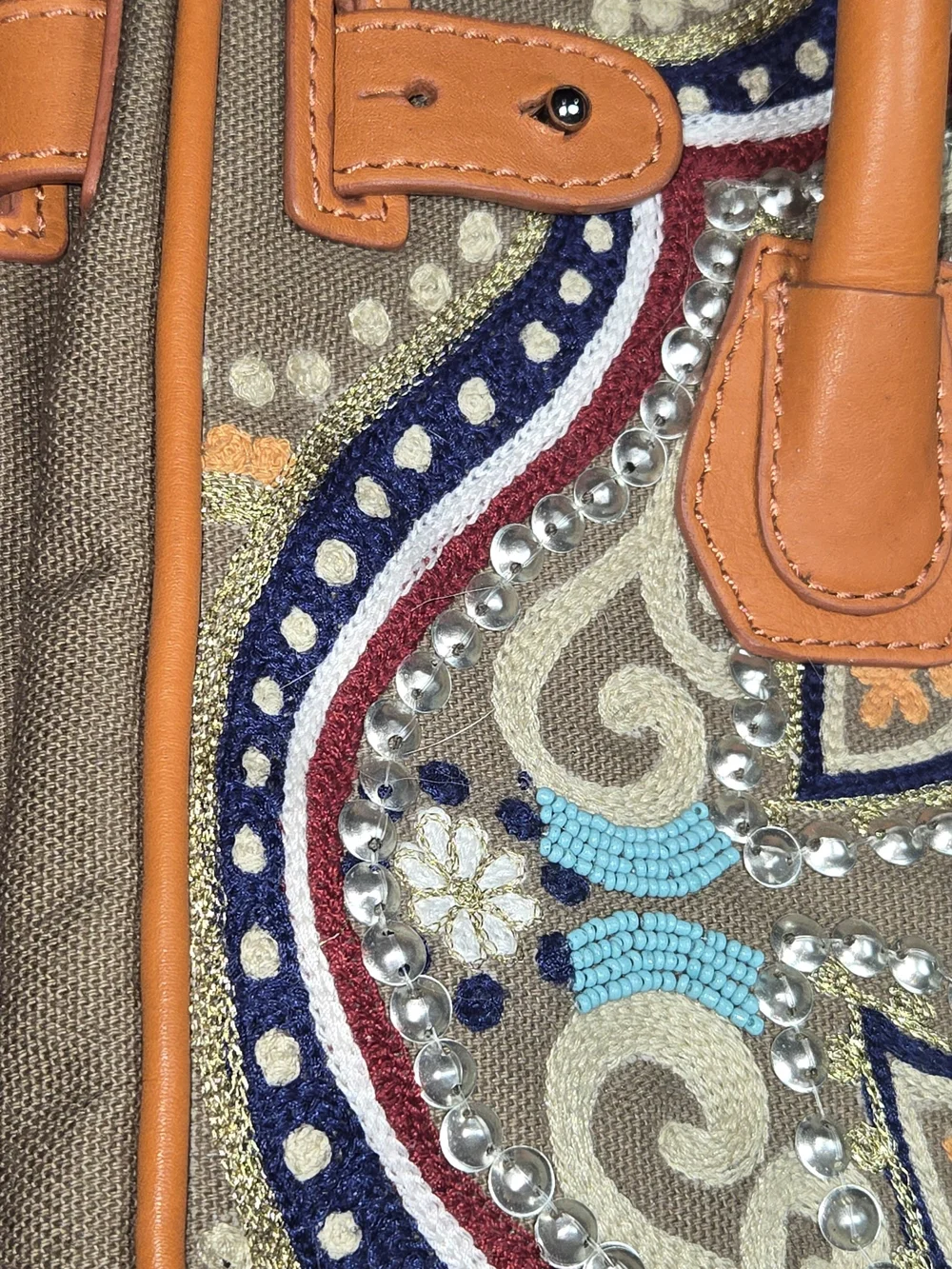 Sam Edelman Orange Leather-Trim Embroidered Satchel
